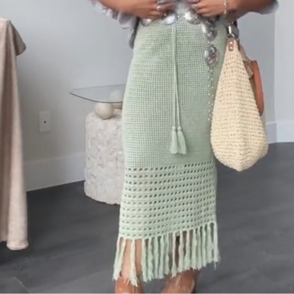 cotton crochet fringe midi skirt in sage - Picture 3 of 14